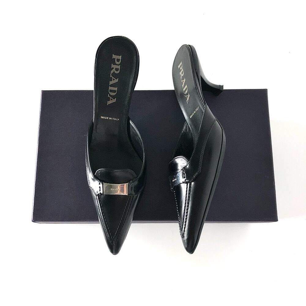 NIB Prada Logo Plaque Black Pointed Toe Kitten Heel Mules Pumps 36.5 - Picture 2 of 10